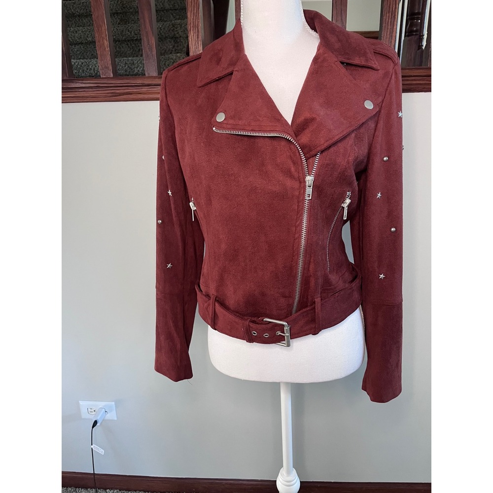 BB Dakota Burgundy Faux Suede Star Studded Moto Jacket BJ402114